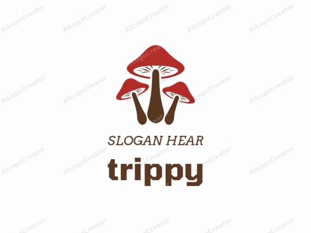three mushrooms, with the first two mushrooms on the left having red caps and brown stalks, and the third mushroom in the middle having a brown cap and brown stalk, while the stalks converge and merge towards the bottom, where the roots are