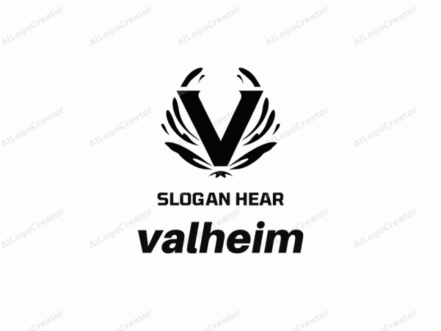 This black-and-white logo features a bold, uppercase letter "V" prominently placed at its center. The "V" is solid black and occupies the majority of the composition, giving it a striking and eye-catching presence. Flanking the "V