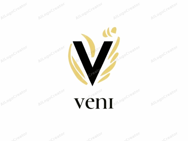 This logo is a minimalistic graphic design featuring a large, bold, black capital letter "V" centered against a clean, white background. Flanking the letter "V" are abstract, stylized golden elements that mimic the shape of leaves or