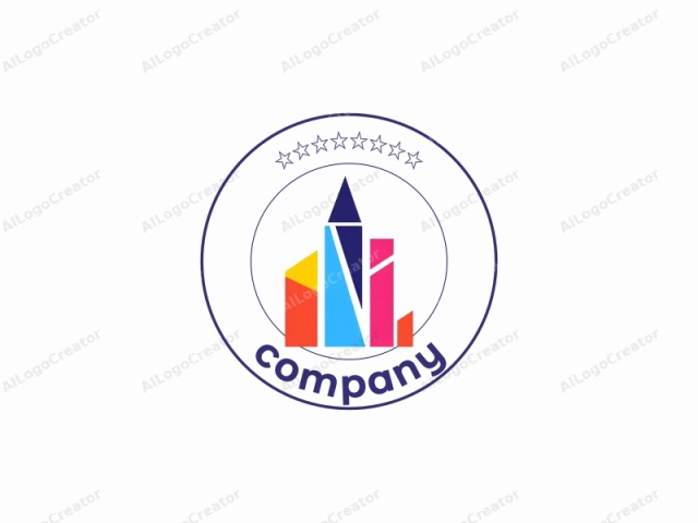 using the given information about the artwork. This logo is a modern, abstract design consisting of several geometric shapes arranged in a central, triangular pattern. The overall composition features vibrant colors with clean, crisp lines. The shapes include triangles, rectangles, and