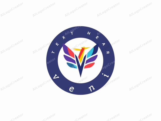 featuring vibrant, geometric design elements. This stylized logo is characterized by sharp lines and bold colors. Central to the design is a triangular shape in deep blue that serves as a base, pointing downwards. This triangular form is flanked by two larger,