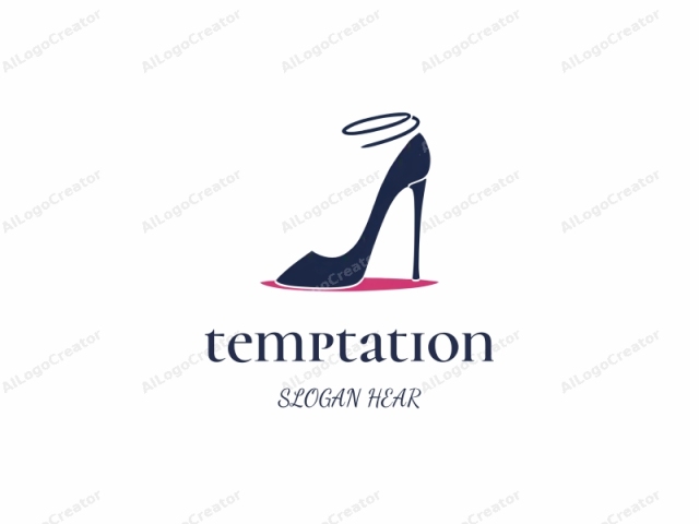 El logo es un diseño simple pero elegante, que presenta un zapato de tacón alto. El zapato está representado en un estilo de arte plano minimalista, utilizando colores sólidos y audaces. El tacón es alto y delgado, afinándose hasta un punto afilado, mientras que el