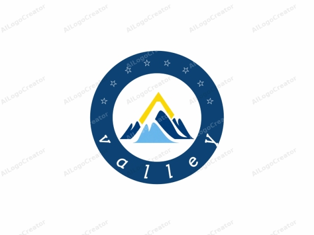 Dieses Logo ist ein abstraktes Design, das einen stilisierten Berggipfel und eine kühne, geometrische Form zeigt. Das zentrale Element ist ein großer, dreieckiger Gipfel, der aus drei Primärfarben besteht: Blau, Gelb und Weiß. Der Gipfel ist dreieckig geformt und blau