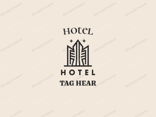 This minimalist black and white logo depicts a stylized representation of a hotel, featuring clean, geometric lines. The design consists of three main elements: two symmetrical, triangular buildings flanking a central, taller building. The buildings are outlined in bold