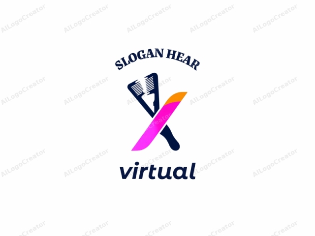 featuring a stylized, modern design. The logo is created using clean lines and vibrant colors against a stark white background. It prominently features an abstract representation of a stylized pair of scissors, which are depicted in dark blue. The scissors are crossed with