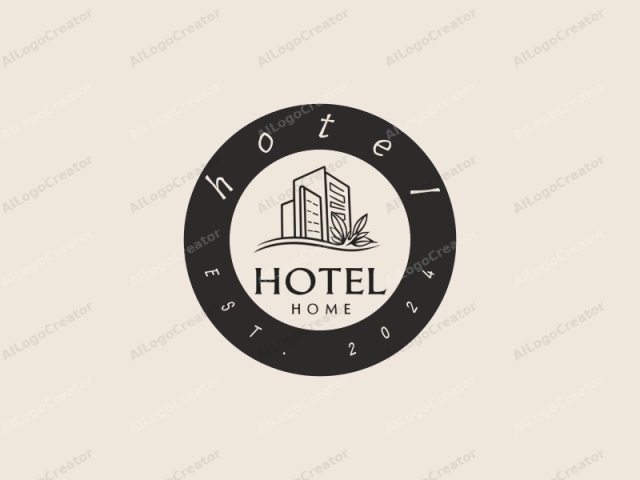 This is a minimalist black and white logo design with a modern aesthetic. The primary subject of the image is a stylized hotel building, depicted with clean, straight lines. The hotel structure is drawn with a simple, geometric shape, consisting of two