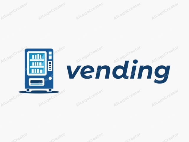 a vending machine. The logo is digitally drawn in a clean, minimalist style, characterized by solid colors and sharp lines. The vending machine is depicted in dark blue with white accents and details, set against a plain white background. The machine is rectangular