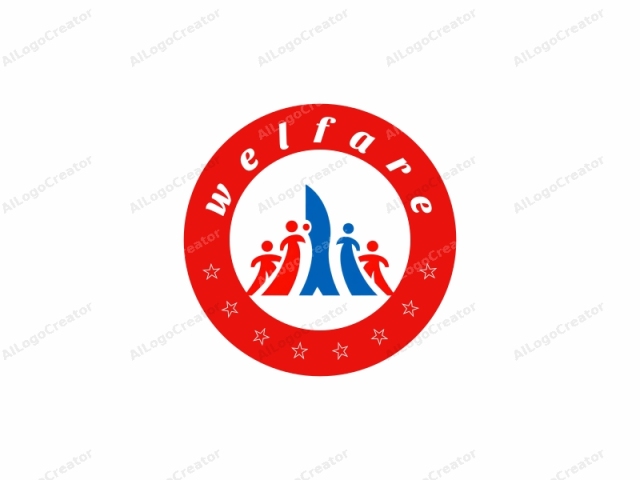 featuring three figures and an abstract shape. The logo consists of three stylized human figures and a tall, abstract shape. All figures and the abstract shape are rendered in solid colors—blue, red, and white. The figures stand in a line