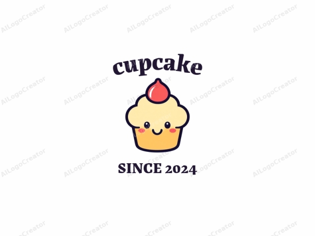 a cartoon cupcake with a playful and adorable design. This cupcake, drawn in a digital medium, features a simple and charming aesthetic. It has a rounded shape with a light beige cream filling and a golden yellow crust. The cream filling is