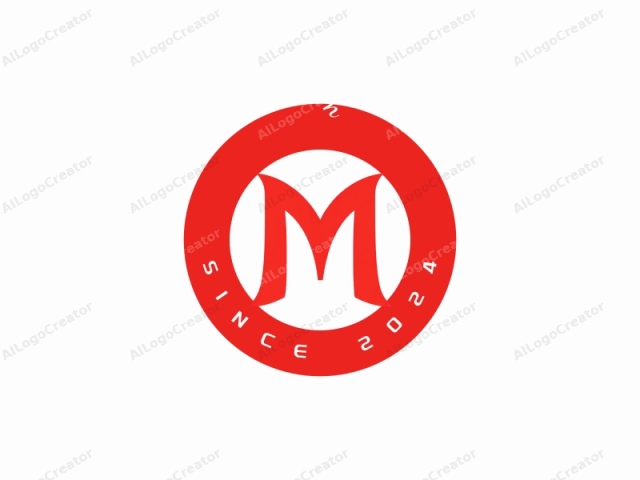 La imagen es un logotipo minimalista y abstracto con una letra mayúscula "M" en rojo atrevido, centrada en un fondo blanco liso. El diseño de la letra es limpio y geométrico, con un estilo moderno y sans-serif. La letra tiene un aspecto plano