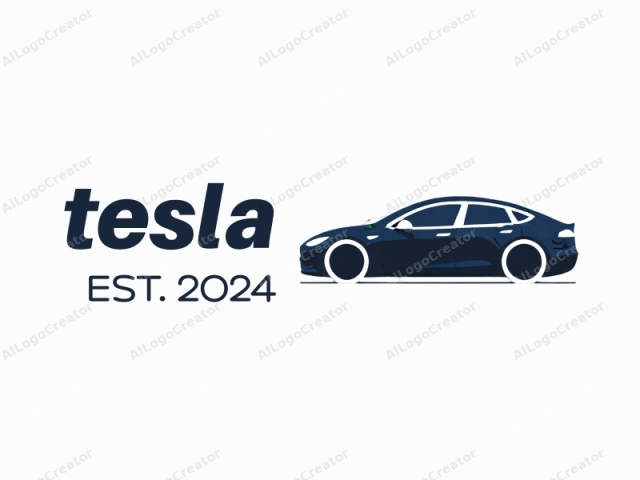 The image is a minimalist, digital drawing of a sleek, electric vehicle, specifically a Tesla model. The vehicle is depicted in a side profile view, with its body colored in a deep, navy blue shade. The car's silhouette is clean and