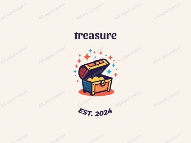 featuring a whimsical pirate-style treasure chest, depicted in vibrant, bold, and stylized digital illustration. The chest, centered in the composition, is drawn with clean lines and vivid colors. It stands upright, its lid open to reveal a stash of