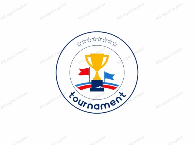 Este logotipo presenta un diseño simple y audaz, utilizando una paleta de colores limitada de rojo, azul, amarillo y blanco. En el centro hay una gran copa de trofeo dorada con dos asas, que simboliza un logro o un premio ganador. Debajo del trofeo