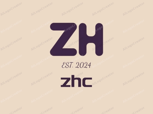 La imagen es una representación digital de un logotipo simple y geométrico. Presenta las letras en negrita "ZH" en un estilo de fuente grande y cuadrada, sobre un fondo beige claro. Las letras están renderizadas en un tono morado profundo y rico.