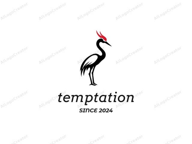 Este es un logotipo minimalista en blanco y negro de una grulla con una cresta roja prominente. La grulla está de pie, mirando ligeramente hacia la izquierda sobre un fondo blanco, con su cuello largo y delgado elegantemente curvado hacia arriba. El cuerpo de la grulla se representa de manera simple,