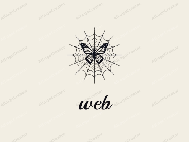 using a minimalist approach. The image is a black and white digital logo featuring a butterfly centered within a web, set against a plain, off-white background. The butterfly, portrayed in fine detail, is positioned directly in the center of the web.