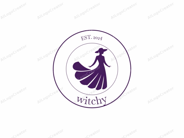 Esta es una ilustración de logo estilizado y en silueta de una mujer con un vestido elegante y fluido. La figura se representa en un estilo minimalista y plano con tonos morados audaces, sobre un fondo blanco intenso. La mujer está ligeramente a la derecha del centro