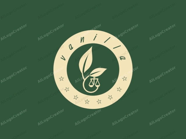 The image is a minimalist digital logo illustration, set against a solid, deep green background. The central subject is a stylized, cream-colored justice scale symbol. The scale, typically associated with law and fairness, is integrated into a stylized plant