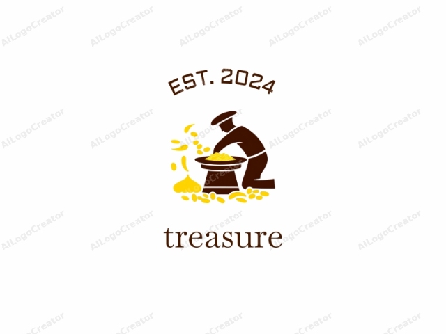 featuring a stylized, minimalist design. The image depicts a silhouette of a person in the process of milling grains. The person is depicted in a dark brown color, indicative of a uniform or traditional attire. The individual is bent over a circular,