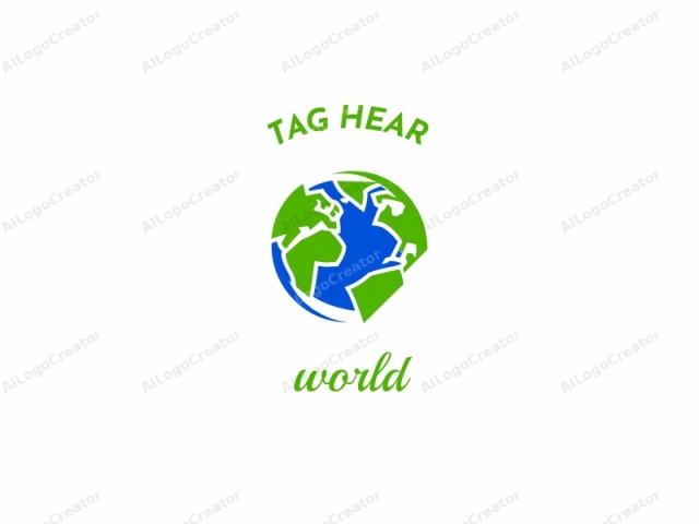 This image features a minimalist, stylized depiction of Earth. The Earth is shown from a top-down view, with a large blue area representing the oceans and continents outlined in bright green. The continents are depicted in a simplified, geometric shape, with