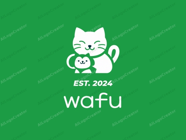 This logo is a minimalist, stylized digital drawing on a solid green background. The primary subject is a white, cartoonish representation of a cat, centrally positioned. The cat is depicted with a joyful expression, having its eyes closed and smiling.