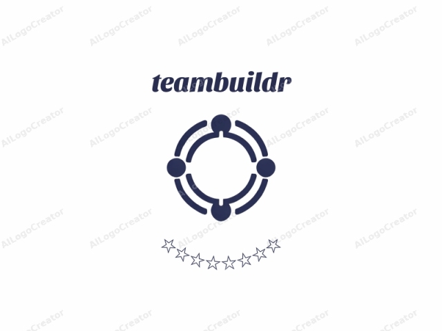 This is a minimalistic, stylized logo featuring a dark blue circular shape in the center of a white background. The circular design is comprised of five evenly spaced, small blue circles arranged along its circumference. Each of these circles is connected to one