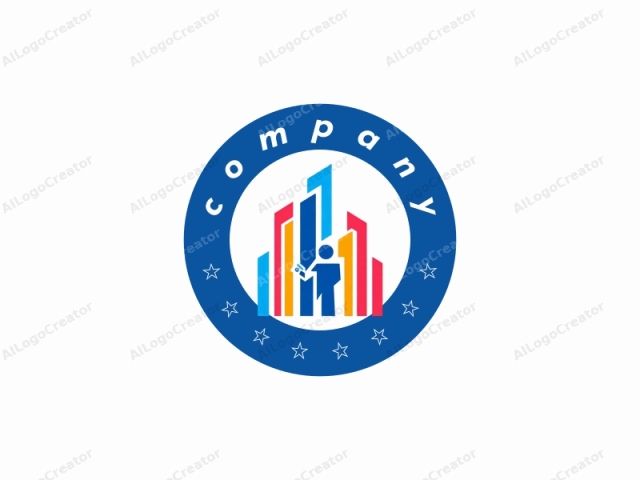 featuring a simplistic yet impactful design. The logo is a stylized depiction of a person holding a briefcase, set against a background of vibrant colors and geometric shapes. The person, rendered in a minimalistic, flat style, is blue with white details