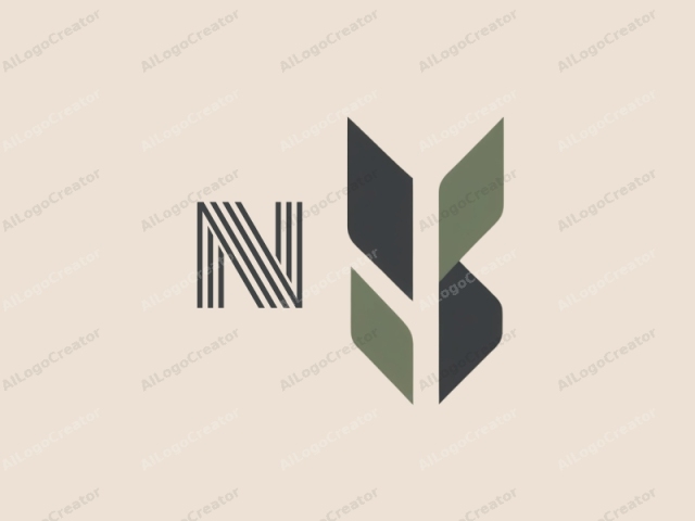 que presenta un diseño minimalista. El logo, situado sobre un fondo beige liso, incorpora un motivo de hoja abstracta estilizada con líneas audaces y limpias. La hoja se representa en una forma geométrica, caracterizada por cuatro segmentos principales en diferentes tonos de verde y