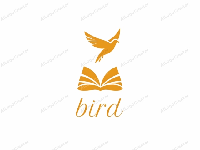 Dies ist ein einfaches, aber elegantes Logo, das aus zwei Hauptelementen besteht: einem Vogel und einem Buch. Der Vogel, in einer stilisierten, abstrakten Form dargestellt, wird im Aufwärtsflug gezeigt, mit ausgebreiteten Flügeln und einem leicht nach unten geneigten Schwanz. Die Farbe des