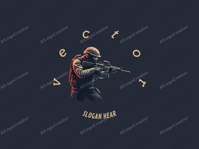 This digital illustration features a military figure, likely a soldier, rendered in a semi-realistic, yet stylized manner. The figure is positioned slightly to the left of the center, facing forward. He is equipped with a full tactical outfit that includes