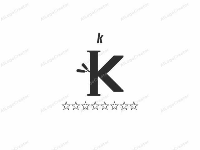 la letra "K". Este logotipo minimalista y monocromático presenta la letra mayúscula "K" en una fuente sans-serif audaz, predominantemente negra, sobre un fondo blanco intenso. La letra "K" está centrada en el marco. Dos pequeños