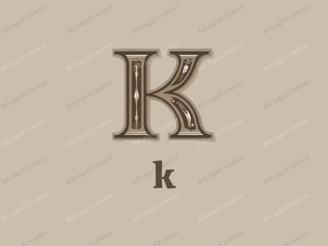 La imagen presenta una letra "K" grande y en negrita, centrada prominentemente sobre un fondo beige liso. La letra "K" está diseñada en un estilo serif vintage, con detalles intrincados que añaden un sentido de elegancia y sofisticación. Se representa principalmente