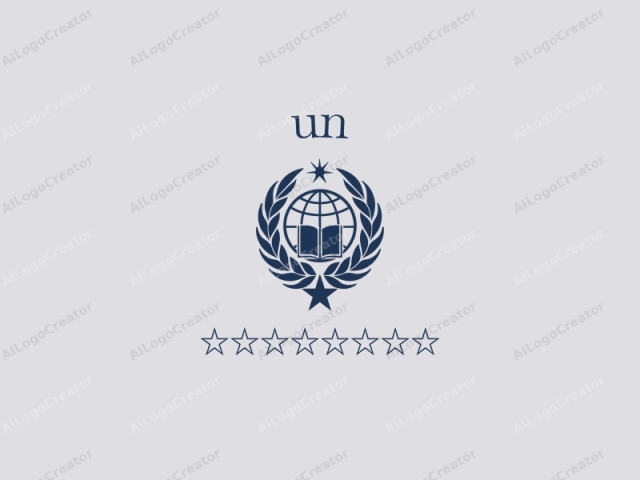 using the following structure:
This is a digital logo design featuring a minimalist and symmetric style. The central icon consists of a stylized globe, represented in dark blue, centered within a laurel wreath also in dark blue. The globe is depicted