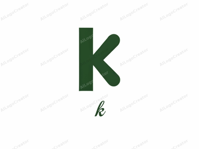 Esta es una imagen de logotipo minimalista y geométrica que presenta la letra "K". La letra se representa en una fuente sans-serif en negrita, con una parte superior redondeada distintiva y una parte inferior recta. Predomina un tono verde oscuro, dándole un aspecto