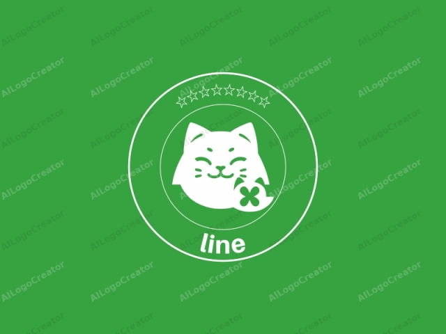 The image is a minimalist, flat design featuring a stylized white feline silhouette against a solid green background. The cat's face is centrally positioned and prominently displays three distinct features: two triangular ears, a small nose, and closed eyes, suggesting