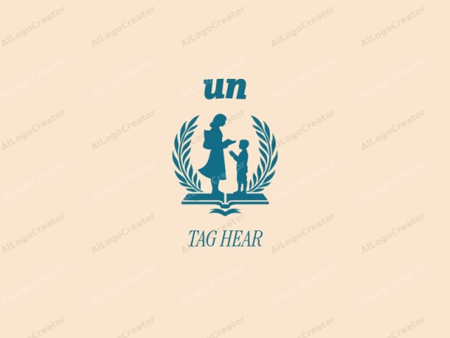 This logo features a minimalist, silhouetted design, using a teal blue color and a light beige background. The central figure is of a woman holding an open book, facing a child standing slightly below her. The woman's figure is simplified