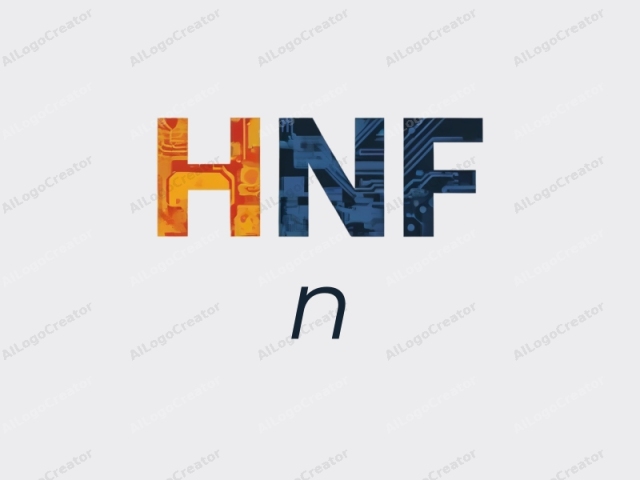 El logotipo presenta una representación estilizada de las palabras "HNF" en letras grandes y en negrita, con cada letra compuesta por diseños pixelados intrincados. La letra izquierda "H" es predominantemente en tonos de naranja, que recuerdan a los circuitos eléctricos