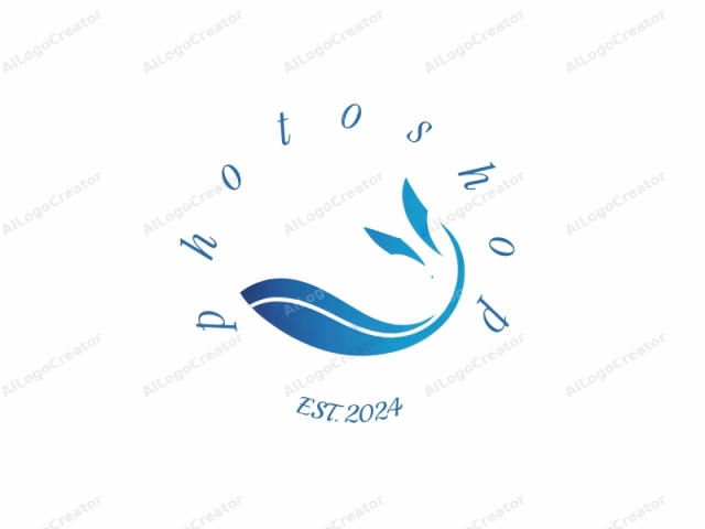 in a modern, minimalist style. This is a clean and abstract logo featuring a stylized, curved shape that resembles the outline of a wave or a stylized fish tail. The logo is predominantly blue, with varying shades ranging from light to dark,