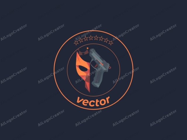 This digital logo is composed of two distinct elements: a stylized mask on the left and a handgun on the right, set against a dark blue background. The mask, resembling a traditional Venetian carnival mask, is rendered in a geometric,