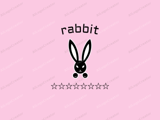 The image is a stylized, minimalist black-and-white illustration of a rabbit set against a pastel pink background. The rabbit's face is centrally positioned with a large, oval head that features black, sharply pointed ears, white inner ears, and