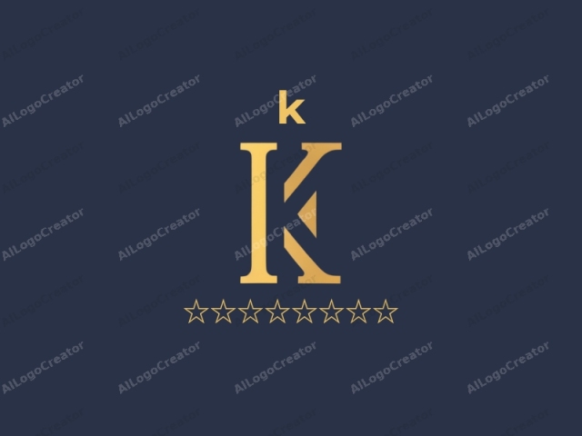 Esta imagen de logo es un diseño minimalista y abstracto, caracterizado por una sola letra "K" prominentemente centrada en un fondo sólido de color azul oscuro. La letra "K" está representada en un acabado metálico audaz de color amarillo dorado, dándole un aspecto lujoso y