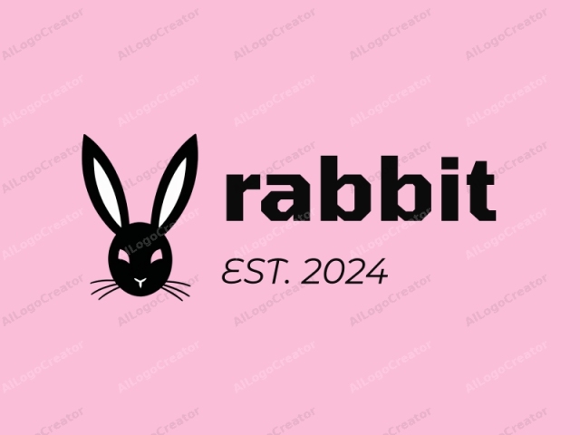 a cartoon rabbit. The image is a simple, minimalist digital drawing set against a solid pink background. The rabbit's head is depicted in solid black, with prominent white inner ears that stand erect and slightly curved at the tips. The rabbit's facial