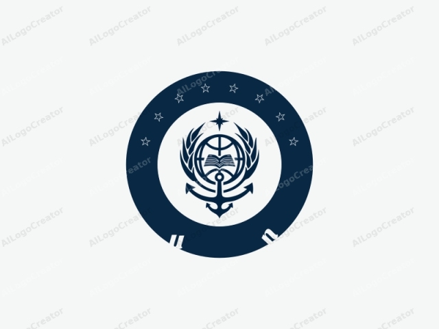 The image is a minimalist, monochrome design with a navy blue color palette against a stark white background. The main focal point is a stylized anchor, depicted as a large, symmetrical shape with three prongs extending outward in a triangular formation