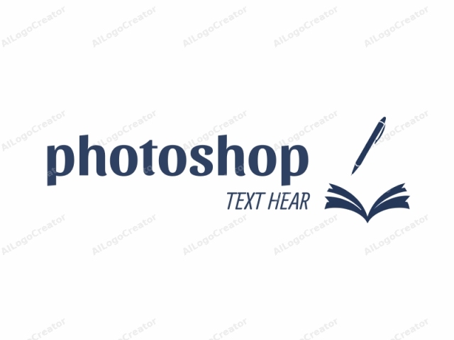 an open book with a pen. The logo is a simple, minimalist design featuring an open book and a pen, both drawn in a dark blue color on a stark white background. The book is positioned horizontally and is centrally located at the bottom of