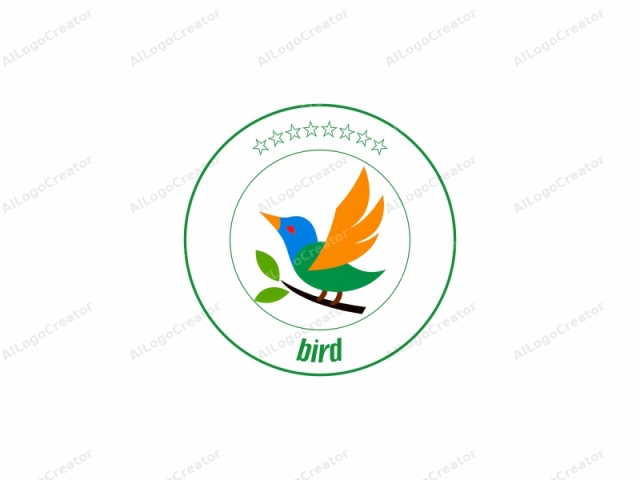 Dieses minimalistisches Logo zeigt einen stilisierten Vogel, der auf einem gebogenen Ast sitzt. Der Vogel ist in einem modernen, abstrakten Design mit glatten, flachen Oberflächen und lebendigen Farben dargestellt. Sein Körper ist ein helles Grün, mit einem großen Flügel auf der rechten Seite.