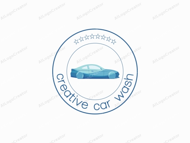 un auto elegante con un patrón de gotas de agua, que presenta un esquema de colores azul y blanco frescos, ideal para un logo creativo de lavado de autos. El diseño es moderno y estilizado, lo que lo hace perfecto para un logo genial. Además, se puede adaptar para logos de servidores de Discord con un toque tecnológico.