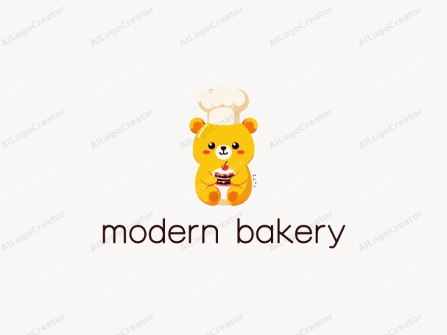 Ein süßer gelber Bär trägt einen Kochmütze und hält eine kleine Torte mit einer Kirsche oben drauf, perfekt für ein modernes Bäckerei-Logo. Das Design des Bären ist verspielt und charmant, ideal für süße Logos. Dieses fröhliche Bild kann auch als einzigartiges Logo für Discord-Server dienen.