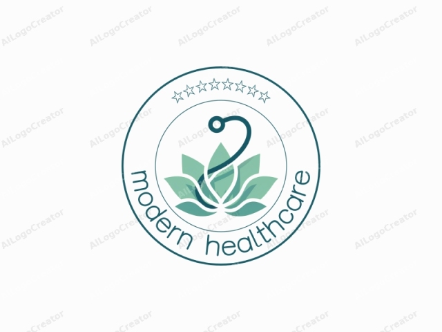 a handcrafted stethoscope intertwined with a blooming lotus flower, both in shades of soft blue and green, creating a modern healthcare logo. the intricate design, emphasizing the handmade logo, is perfect for a logo for boutique.