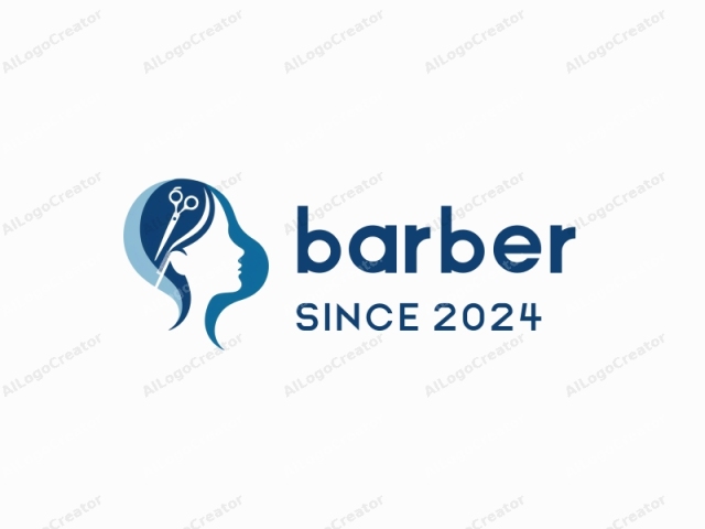 Ein minimalistisches Design mit einer stilisierten Gesicht mit einem Paar Scheren und einem Kamm, perfekt für Barbier-Logos. Das Gesicht ist in Blautönen und Weiß umrissen, ideal für ein abstraktes Logo. Die Werkzeuge sind zentral hervorgehoben, was es zu einem großartigen Logo für Networking macht.