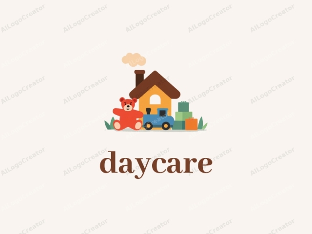 ein gemütliches Holzhaus mit einem Kamin, umgeben von bunten handgemachten Spielzeugen, mit einem charmanten Daycare-Logo. Das Haus ist mit einem handgemachten Logo geschmückt, und die Szene wird von verspielten Logos für Twitch eingerahmt, die eine warme und einladende Atmosphäre schaffen.